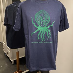 Blue shirt with Green/groen Octopus groen/green print.