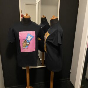 Black Mad Hatter shirt pink and blue